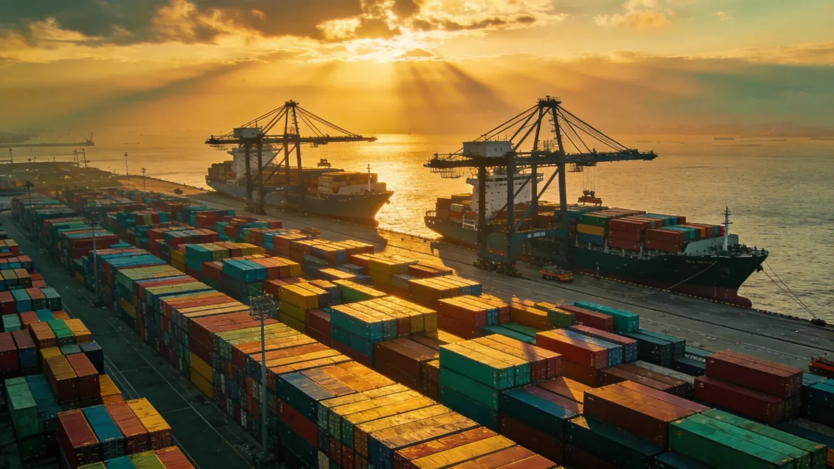 Modern Chinese cargo port with colorful containers and ships at golden hour sunset