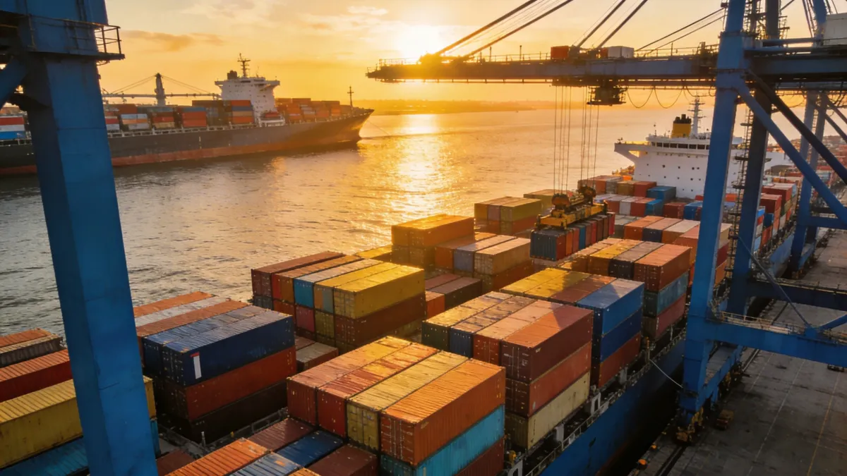 Modern container port at golden hour with gantry cranes loading colorful shipping containers onto a cargo ship