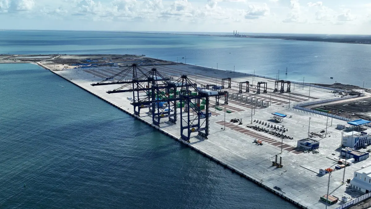 Aerial view of an Egyptian container port with gantry cranes and a vast yard by the sea