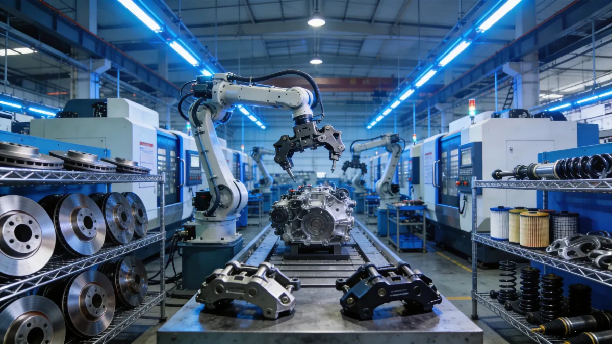 Modern Chinese automotive parts factory with CNC machines and robotic assembly lines