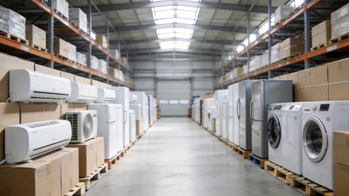 A modern export warehouse in China with rows of new home appliances — air conditioners, refrigerators and washing machines — ready for shipment to the Gulf