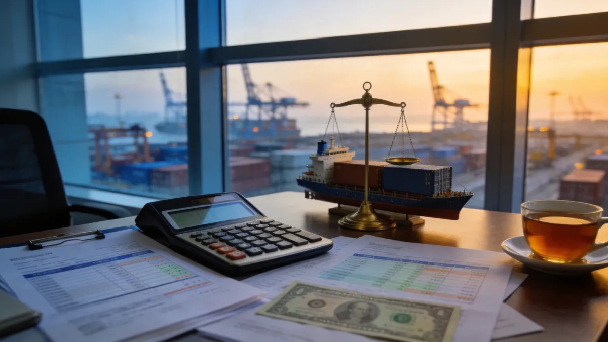 Business desk overlooking a container port at dusk with a calculator, shipping documents and a model container ship
